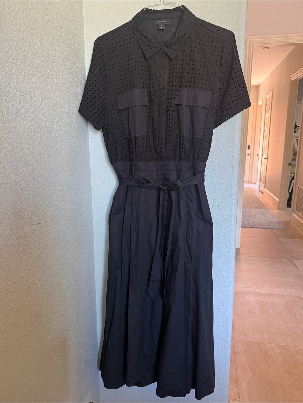 Halogen Black Eyelet Midi Shirt Dress with Tie Waist